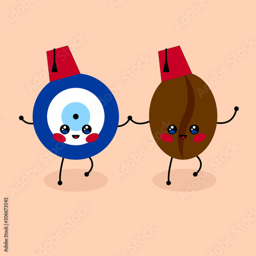 Cute Cartoon Turkish evil eye, coffee bean and Turkish red hat fez. Kawaii symbol of protection in Turkey. Blue Turkish Fatima's Eye. Amulet from evil eye. Nazar. Magic item, attribute