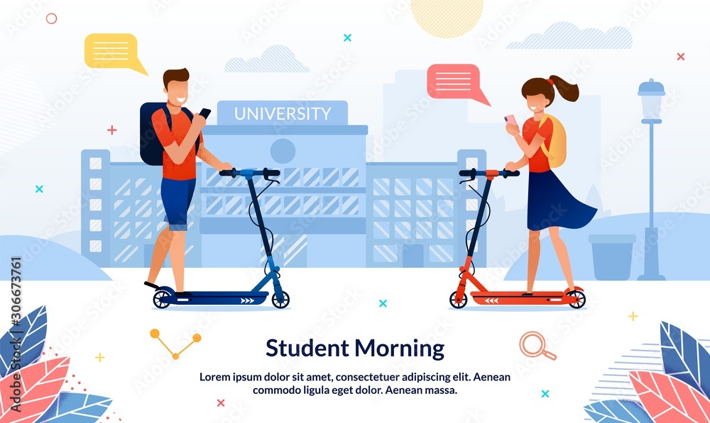 Bright Banner Inscription Student Morning, Slide. Guy and Girl Riding Towards Scooters Background University Building. Students Morning go to Classes on Scooters and Look at Smartphones.