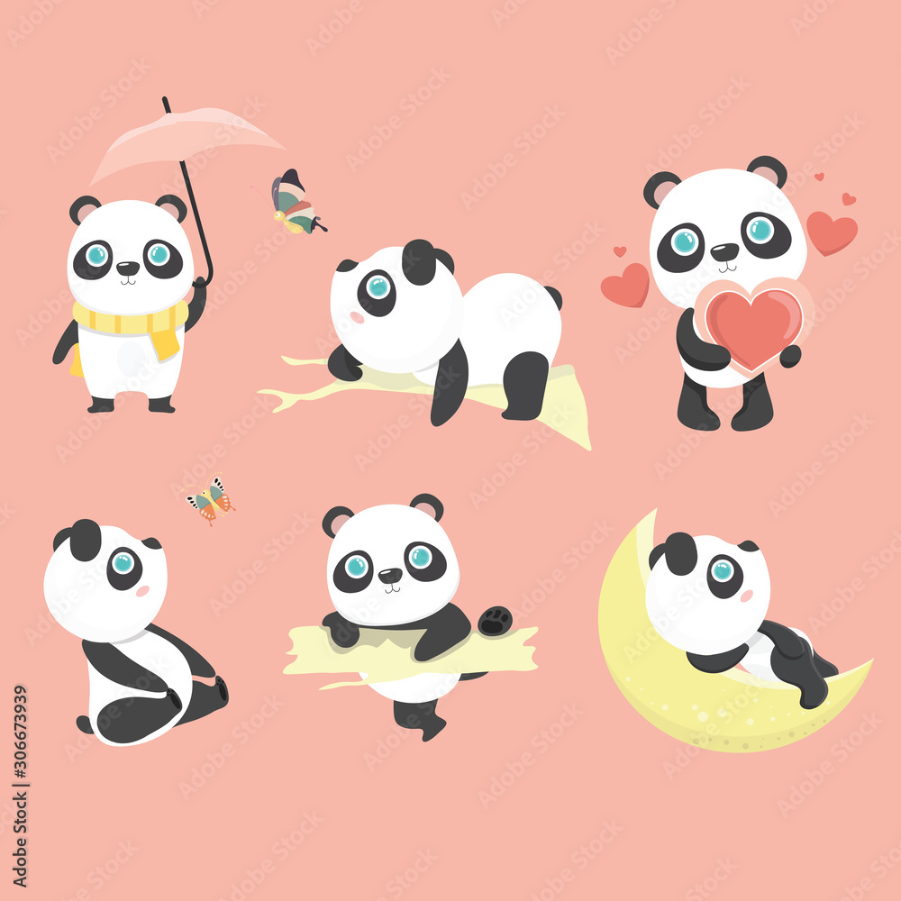 Cute panda set on pastel background.. Cute panda set on pastel background..