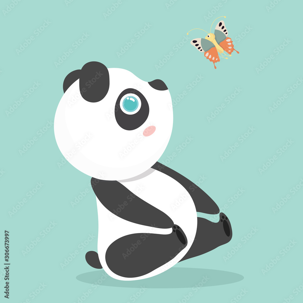 Fototapeta premium Vector illustration of cute little cartoon panda on pastel background..