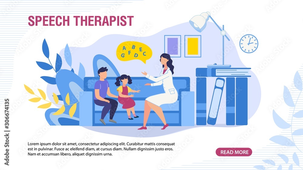 Webpage Banner with Children and Speech Therapist. Special Didactic Training and Education for Kids with Conversational Disorders. Medicine, Healthcare and Pedagogics. Vector Cartoon Flat Illustration