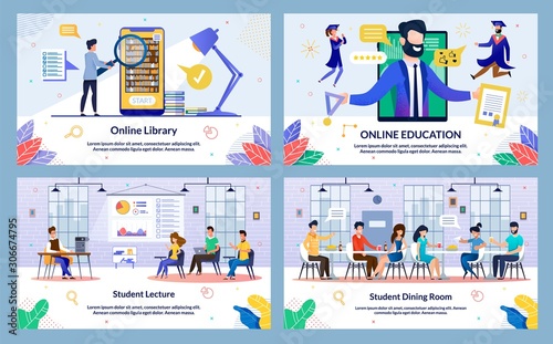 Vector Illustration Student Lecture, Cartoon. Set Online Library, Student Dining Room, Online Education. Guys and Girls Sit at Lecture Classroom and Carefully Listen to Teachers Woman.