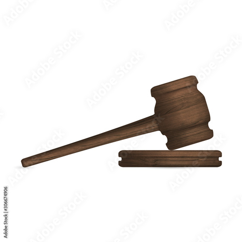 Wooden judge hammer and stand, vector illustration.
