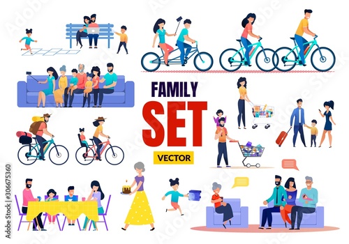 Happy Family Relatives Characters Vector Flat Set. Cartoon Parents and Children  Grandparents and Grandchildren Rest  Meeting  Talking  Having Fun  Shopping  Cycling. Vector Illustration