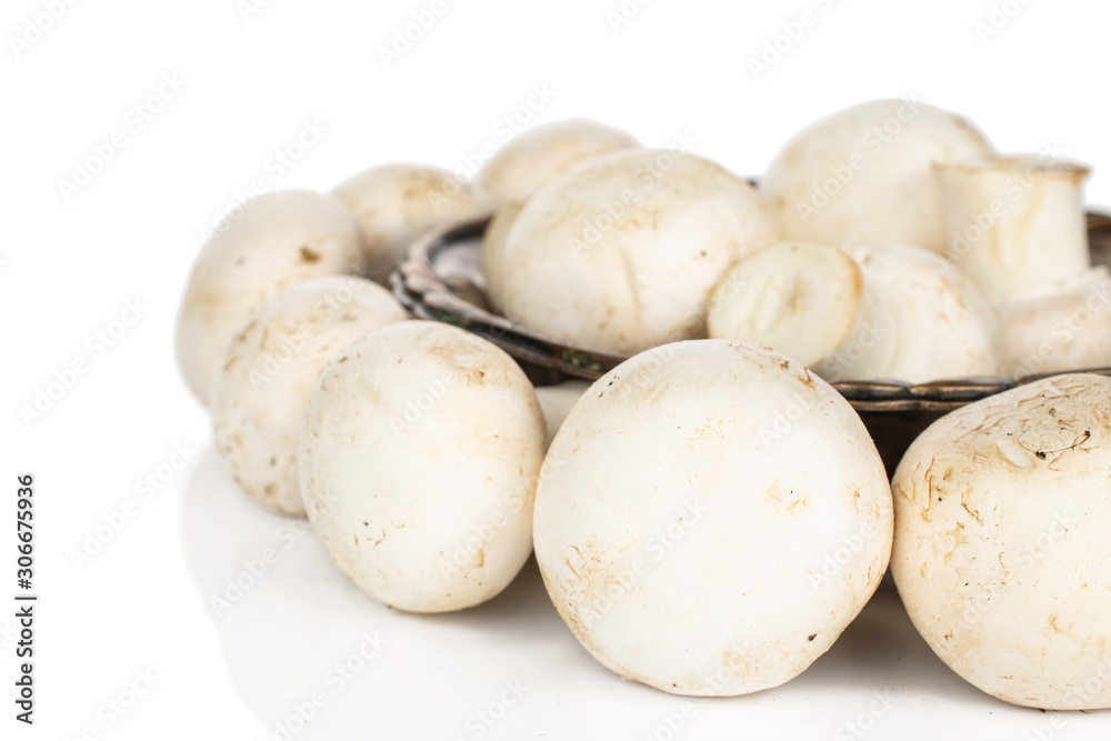 Lot of whole fresh white champignon ring in glazed bowl isolated on white background Lot of whole fresh white champignon ring in glazed bowl isolated on white background
