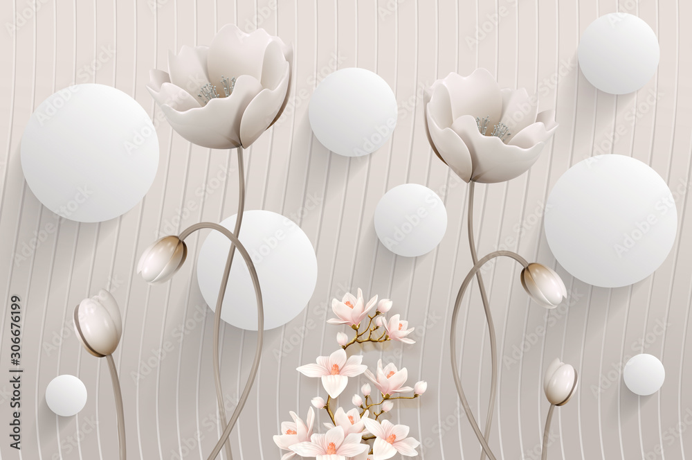  mural Illustration of beautiful White flower decorative on gray waves wall background 3D wallpaper. 3d white ball  Graphical simple modern art - obrazy, fototapety, plakaty 