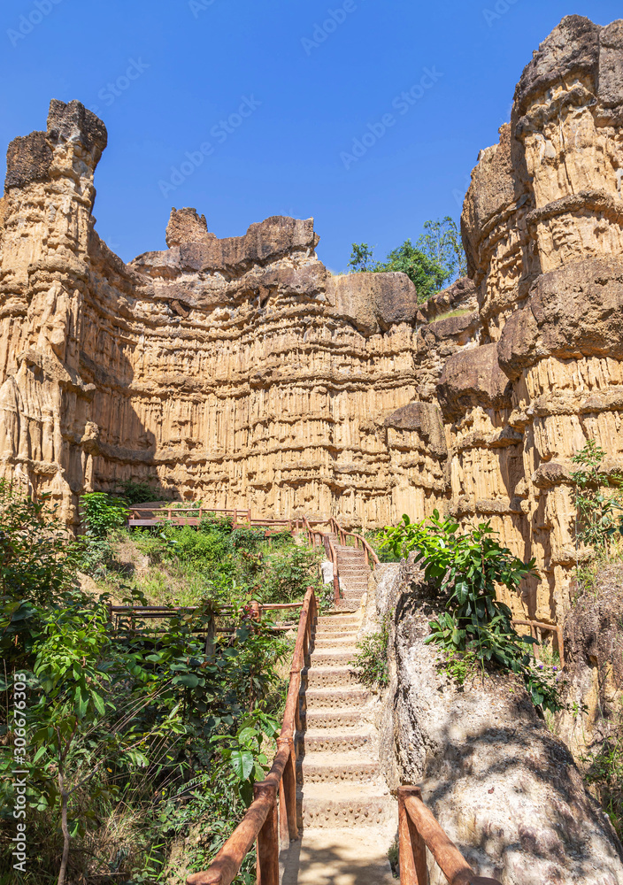 Landscape view texture of Pha Chau big cliff canyon in chiang mai, thailand under blue sky 