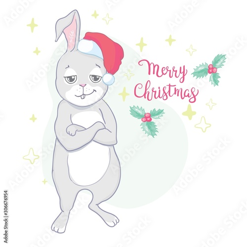 Cute rabbit card. Santa Claus hat on bunny vector illustration. New Year square banner with smiling bunny. Winter holiday package design. Flat forest animal.
