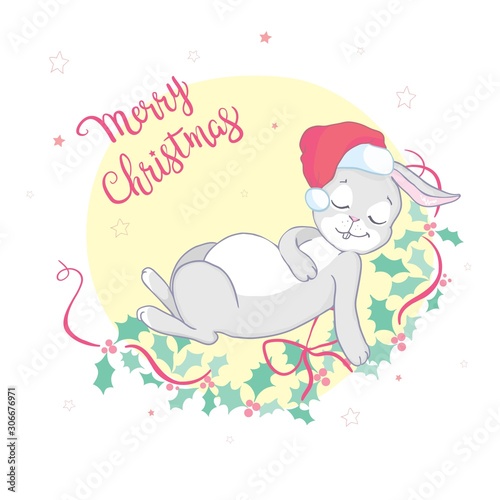 Cute rabbit card. Santa Claus hat on bunny vector illustration. New Year square banner with smiling bunny. Winter holiday package design. Flat forest animal.