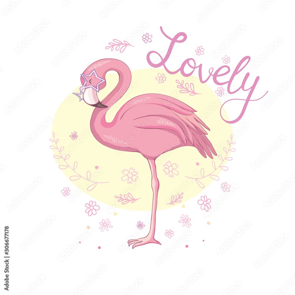 Fototapeta premium Cute flamingo with sunglasses, glasses pineapple, vector illustration, summer print design, children print on t-shirt,