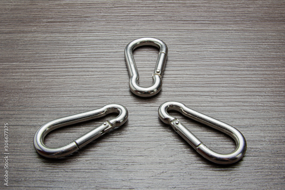 Aluminum carabiner closeup stainless steel Aluminum carabiner closeup stainless steel