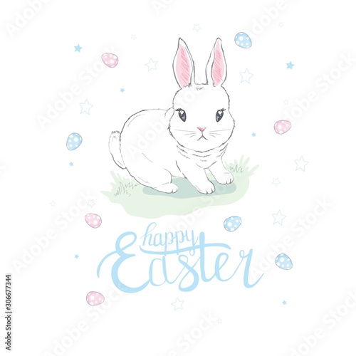 Cartoon little bunny holding Easter egg