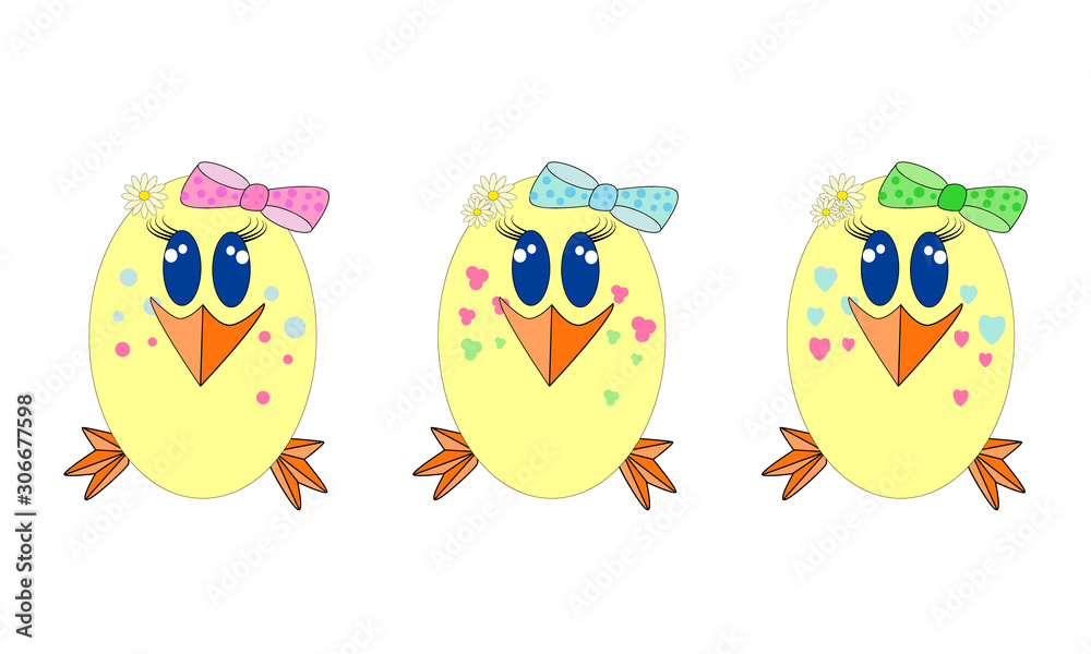 Easter eggs isolated on white background. Cartoon Easter egg shaped funny chickens set. Yellow egg shape with cute chicken face. Spring christian holiday greeting card. Stock vector illustration. Easter eggs isolated on white background. Cartoon Easter egg shaped funny chickens set. Yellow egg shape with cute chicken face. Spring christian holiday greeting card. Stock vector illustration.