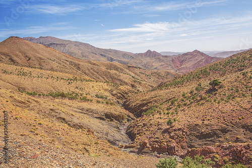 Dried out river bed in the mountains on the Tizi n'Tichka pass on road 9 from Marrakech to Ouarzazate