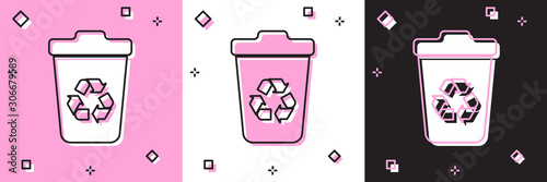 Set Recycle bin with recycle symbol icon isolated on pink and white, black background. Trash can icon. Garbage bin sign. Recycle basket sign. Vector Illustration