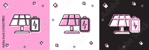 Set Solar energy panel and battery icon isolated on pink and white, black background. Vector Illustration