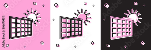 Set Solar energy panel and sun icon isolated on pink and white, black background. Vector Illustration