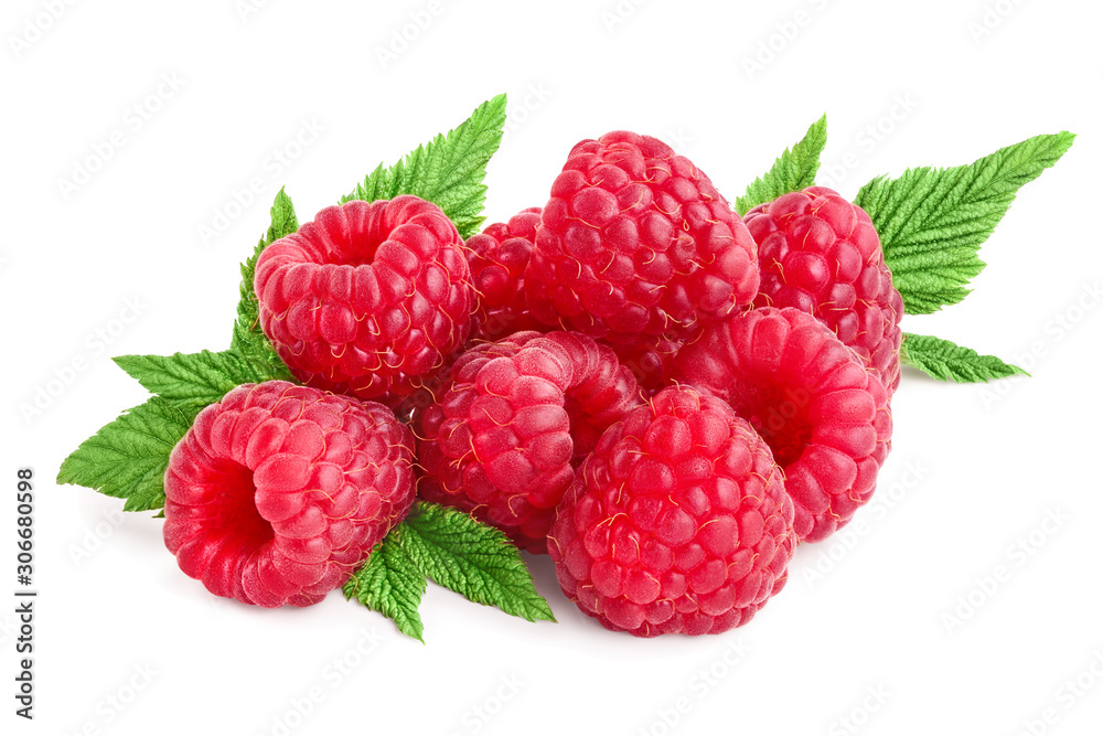 Ripe raspberries with leaf isolated on a white background Ripe raspberries with leaf isolated on a white background