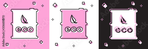 Set Bio fuel barrel icon isolated on pink and white, black background. Eco bio and canister. Green environment and recycle. Vector Illustration
