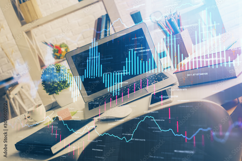 Double exposure of forex chart and work space with computer. Concept of international online trading. Double exposure of forex chart and work space with computer. Concept of international online trading.