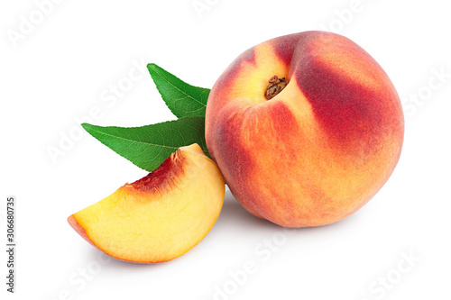 Ripe peach fruit and slice with leaf isolated on white background
