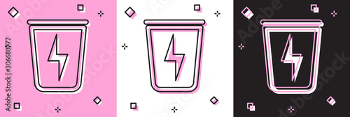 Set Lightning with trash can icon isolated on pink and white, black background. Waste to energy. Garbage bin sign. Recycle basket sign. Vector Illustration