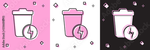 Set Lightning with trash can icon isolated on pink and white, black background. Waste to energy. Garbage bin sign. Recycle basket sign. Vector Illustration