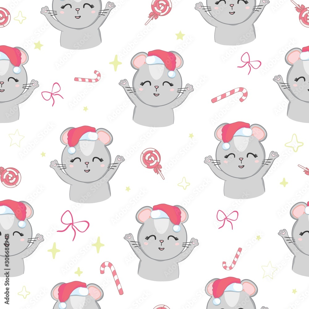 Christmas or New year seamless pattern with cute mice. Mouse. 2020 Winter background with mouse. Rat horoscope sign. Chinese year of Rat 2020. Happy New Year. Concept image of symbol chinese new year Christmas or New year seamless pattern with cute mice. Mouse. 2020 Winter background with mouse. Rat horoscope sign. Chinese year of Rat 2020. Happy New Year. Concept image of symbol chinese new year