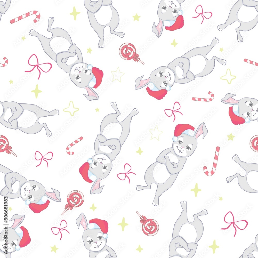 Cute rabbit with santa hat and giftbox seamless pattern. Cute Christmas holidays cartoon character background.