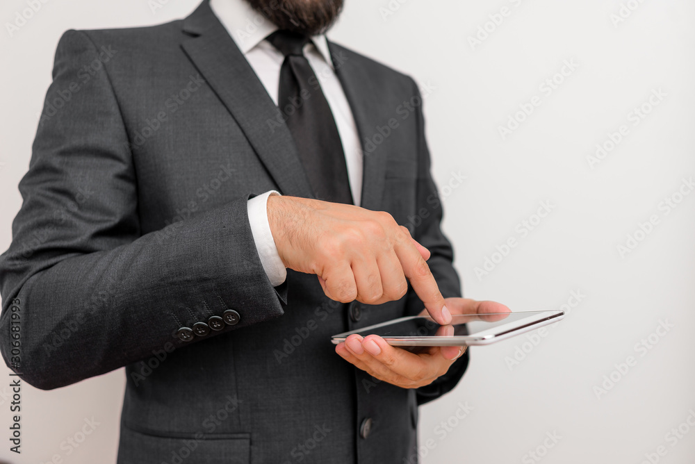 Male human wear formal clothes present presentation use hi tech smartphone Male human wear formal clothes present presentation use hi tech smartphone