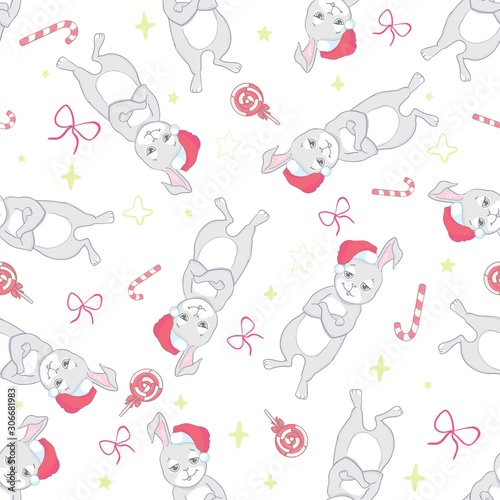 Cute rabbit with santa hat and giftbox seamless pattern. Cute Christmas holidays cartoon character background.