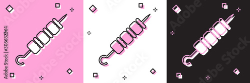 Set Grilled shish kebab on skewer stick icon isolated on pink and white, black background. Meat kebab on skewer stick. Picnic with grilled meat. Vector Illustration