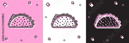 Set Taco with tortilla icon isolated on pink and white, black background. Traditional mexican fast food. Vector Illustration