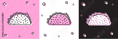 Set Taco with tortilla icon isolated on pink and white, black background. Traditional mexican fast food. Vector Illustration