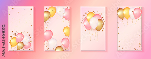 Social media story template. 3d balloons on gentle Pink Background. Celebration design with balloons.