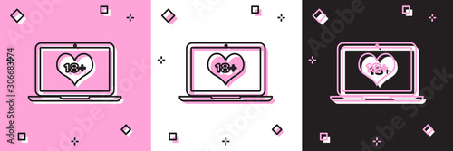 Set Laptop computer with 18 plus content heart icon isolated on pink and white, black background. Age restriction symbol. 18 plus content sign. Adult channel. Vector Illustration