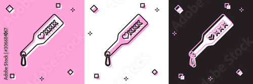 Set Spanking paddle icon isolated on pink and white, black background. Fetish accessory. Sex toy for adult. Vector Illustration