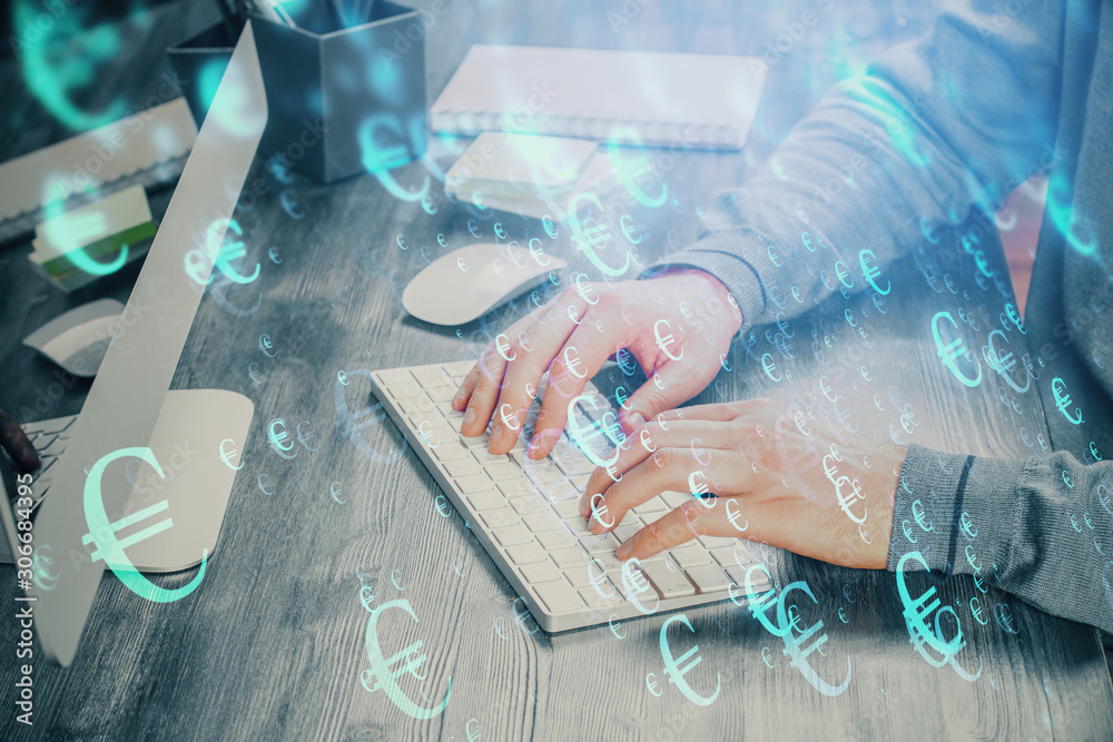 Double exposure of financial graph with man works in office on background. Concept of analysis.