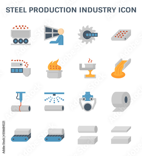 Steel production industry, manufacturing and metallurgy vector icon with mining and machine equipment i.e. production line, furnace, foundry. Include process of smelting, casting and making product.