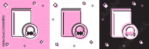Set Audio book icon isolated on pink and white, black background. Book with headphones. Audio guide sign. Online learning concept. Vector Illustration