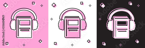 Set Audio book icon isolated on pink and white, black background. Book with headphones. Audio guide sign. Online learning concept. Vector Illustration