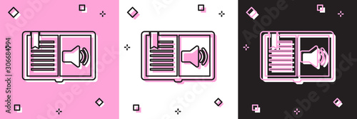 Set Audio book icon isolated on pink and white, black background. Audio guide sign. Online learning concept. Vector Illustration