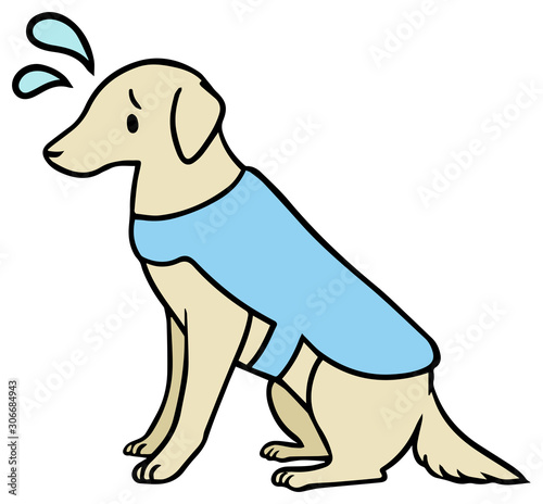 青いベストを着た介助犬のイラスト_焦り顔
