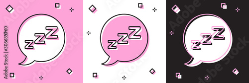 Set Speech bubble with snoring icon isolated on pink and white, black background. Concept of sleeping, insomnia, alarm clock app, deep sleep, awakening. Vector Illustration
