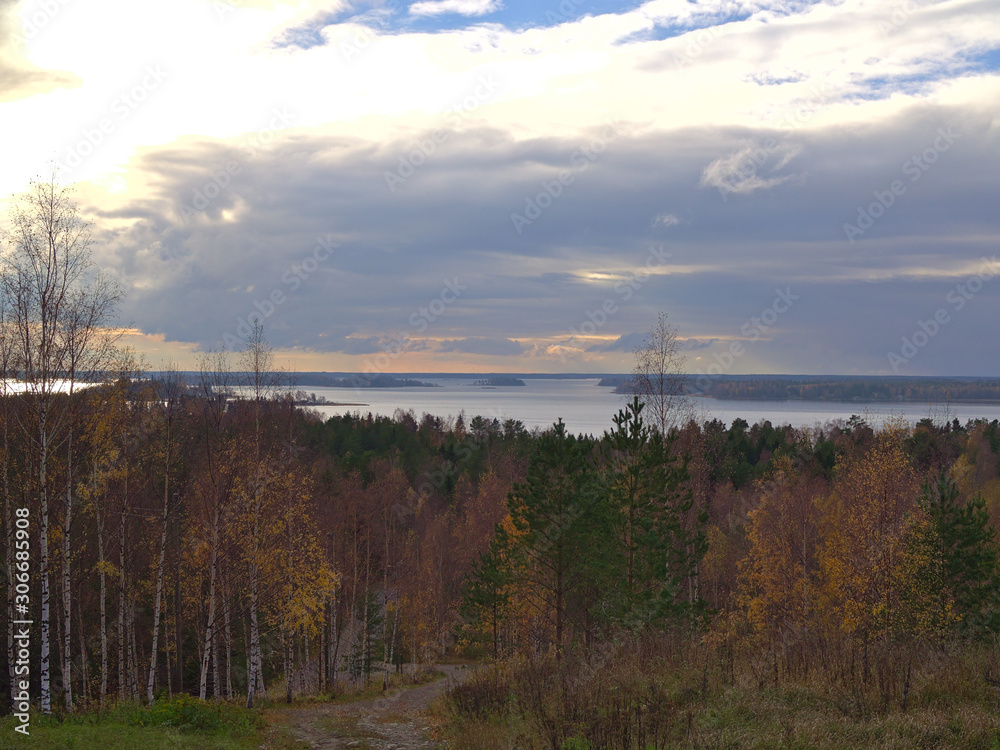 Beautiful autumn landscape seen from a hill by the Baltic Sea