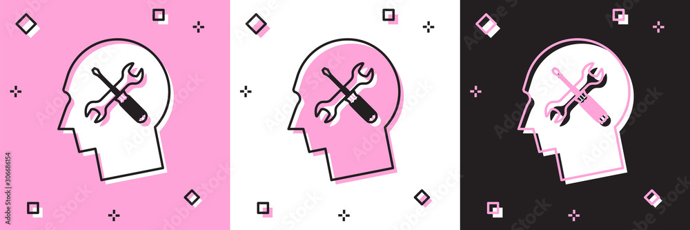 Fototapeta Set Human head with with screwdriver and wrench icon isolated on pink and white, black background. Artificial intelligence. Symbol work of brain. Vector Illustration