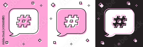 Set Hashtag speech bubble icon isolated on pink and white, black background. Concept of number sign, social media marketing, micro blogging. Vector Illustration