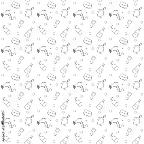 seamless pattern with bathroom cosmetics. Shampoo, soap, Washcloth, hair dryer. Vector version. Black line on white background.