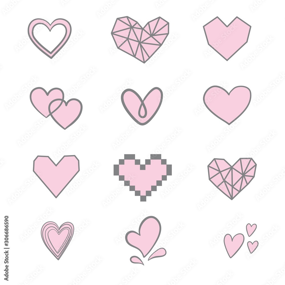 Set of unique hand drawn hearts. Painted design elements.