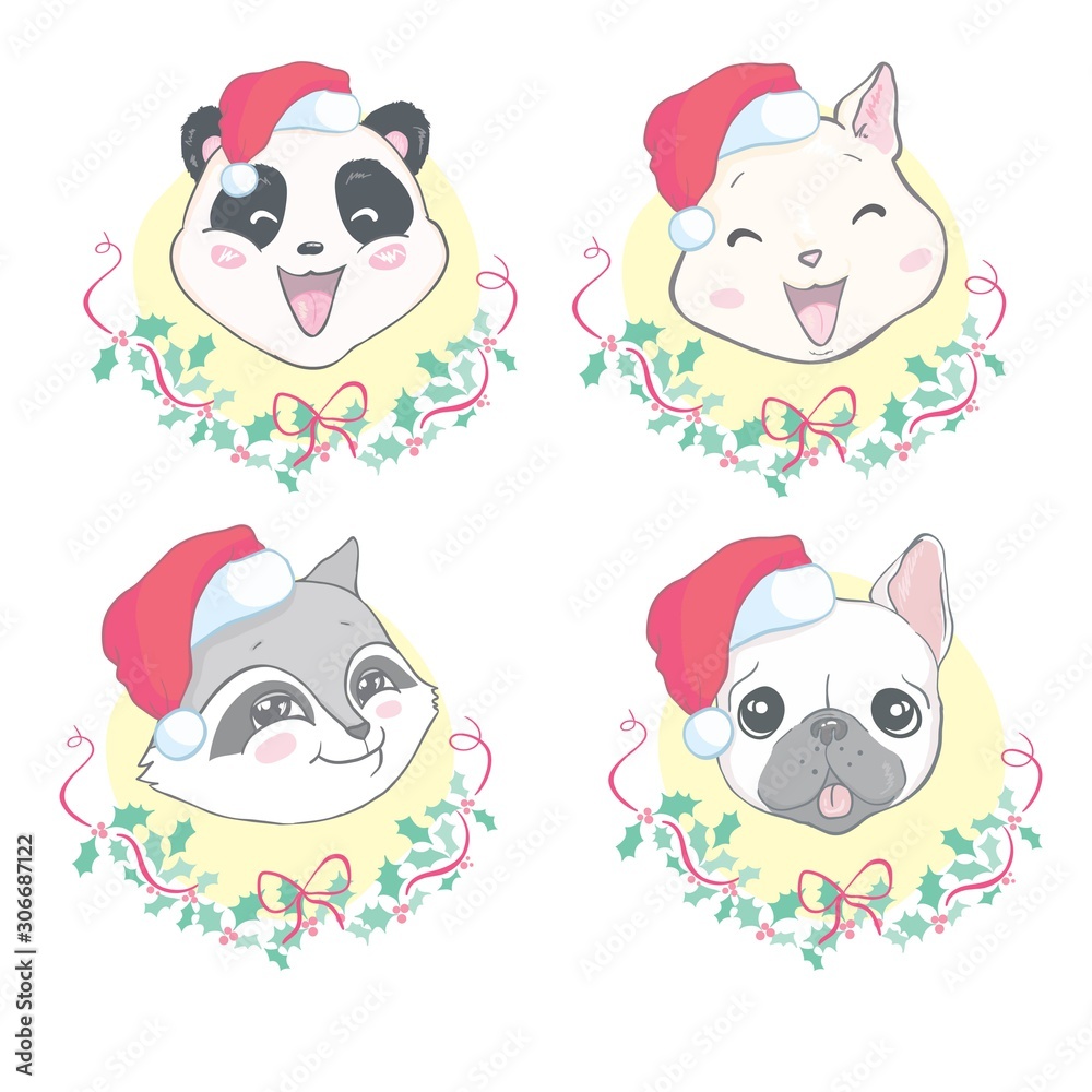 Merry Christmas and happy new year. Set Animal head dog, raccoon, pig, panda, cat with santa hat. Vector character hand drawn illustration isolated on white background